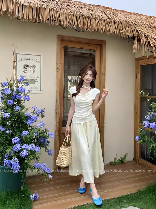 #2082 French Cowl Neck Top & Tiered Skirt Ensemble (2 Colors)