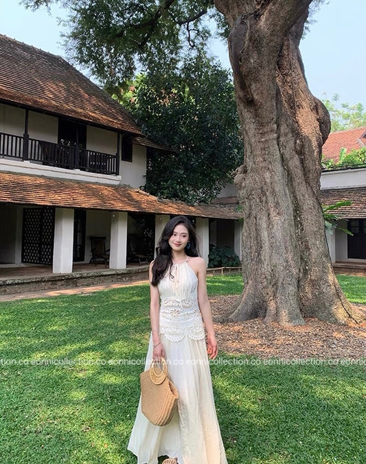 #2075 Halter Neck Maxi With Lace Panels & Cut Out Detailing(2 Colors)