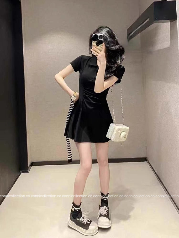 #2105 Preppy Polo Dress 3-Piece Set with Brooch(3 Colors)