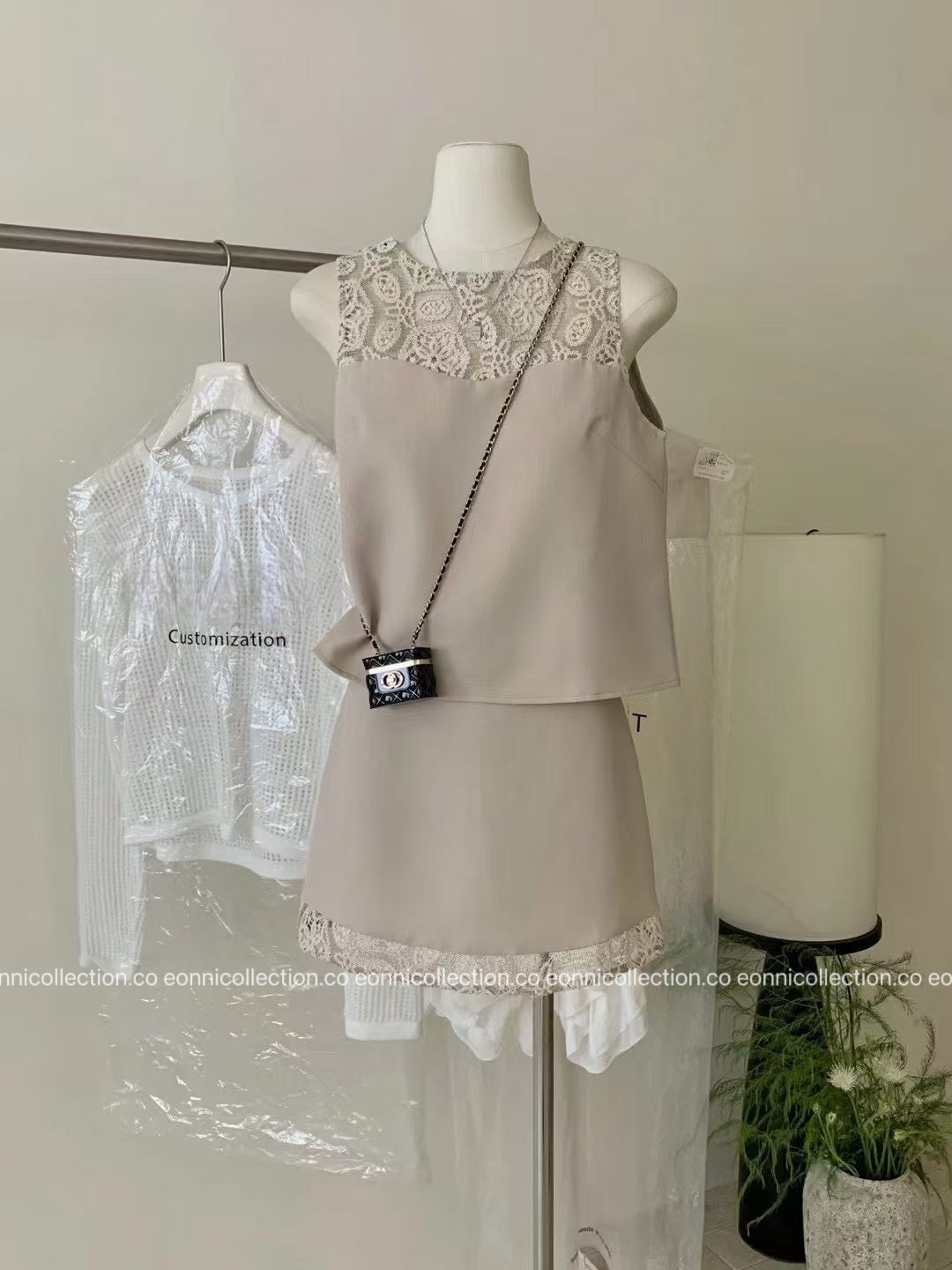 #2051 Women Boucle Set With Delicate Cutwork & Lace Coordinates