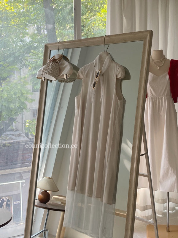 #1030 Sleeveless Sheer Mesh Dress w/ Scarf - Yellow