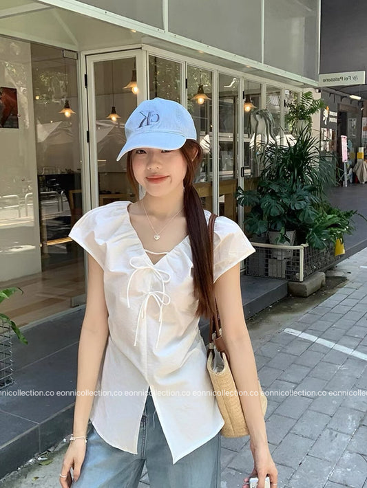 #1079 Crinkled V Neck Blouse Hand Pleated Neckline - White