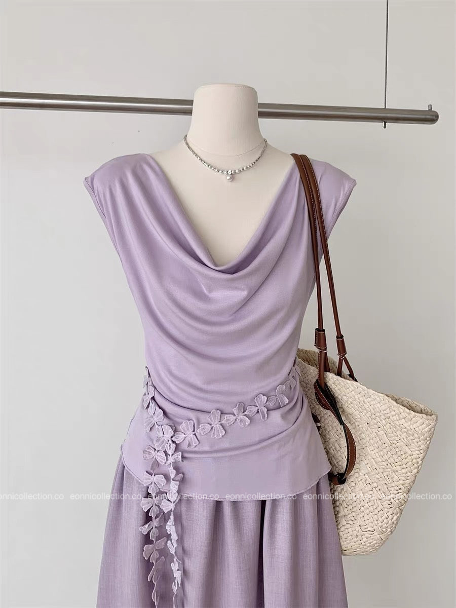 #2082 French Cowl Neck Top & Tiered Skirt Ensemble (2 Colors)