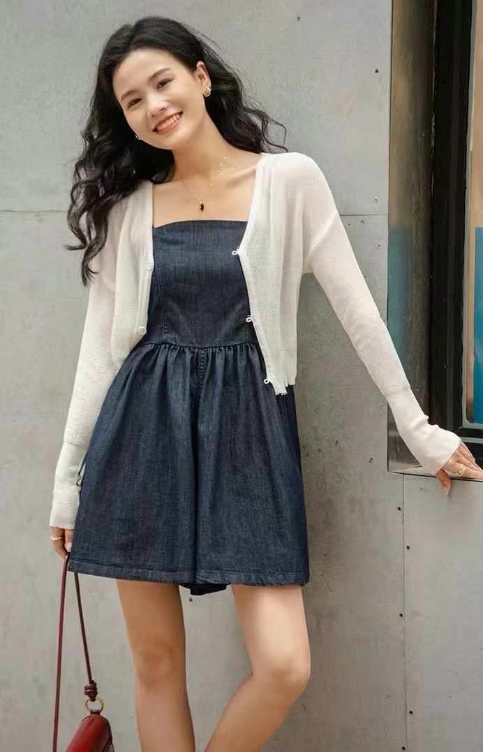 #2007 Soft Denim Cami Dress + Sheer Knit Cardigan | 2-Piece Korean Style Set(2 Colors)
