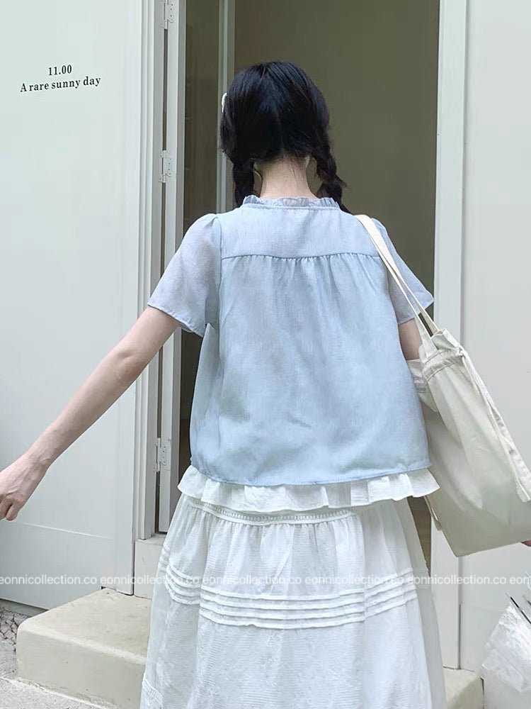 #1078 Mock Layer Blouse With Cascading Ruffle & Relaxed Silhouette(2 Colors)