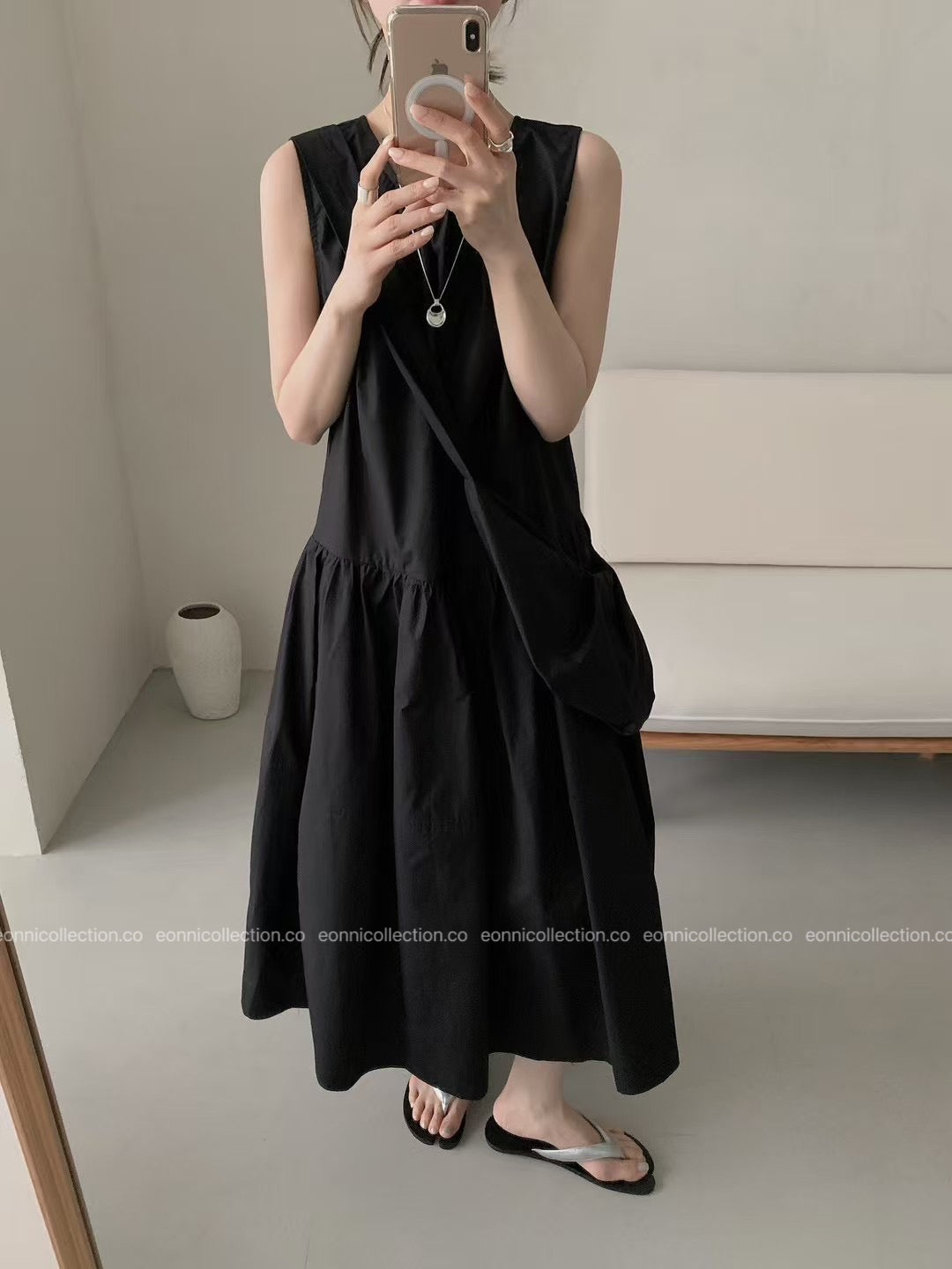 #2097 French Style Loose Fit Cotton Maxi Dress with Crossbody Hobo Bag(3 Colors)