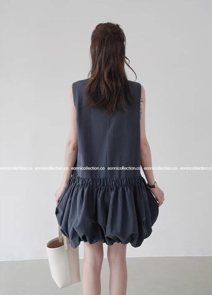 #2055 Casual Bloom Sundress & Matching Hair Tie Set - Dark Blue