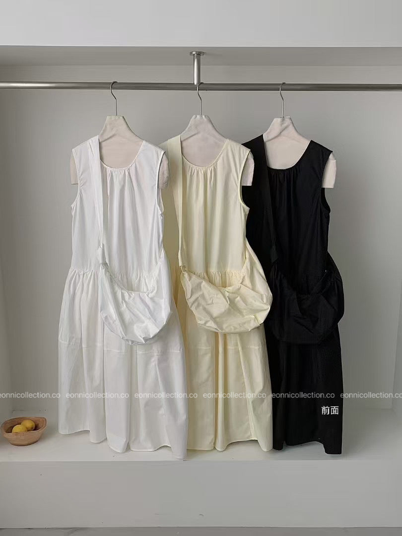 #2097 French Style Loose Fit Cotton Maxi Dress with Crossbody Hobo Bag(3 Colors)