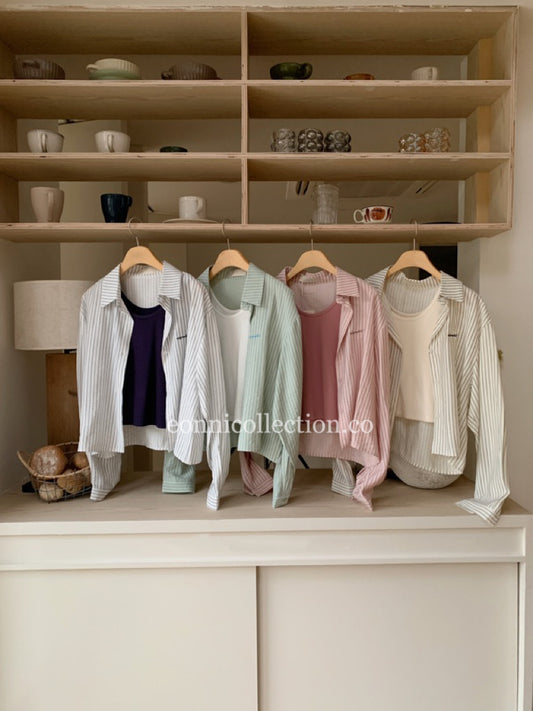 #1028 Long-Sleeve Striped Shirt & Sleeveless Tank Top Set - Beige