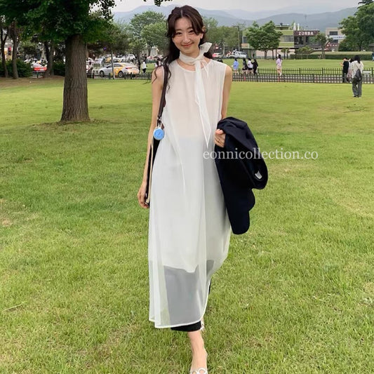 #1030 Sleeveless Sheer Mesh Dress w/  Scarf - Yellow