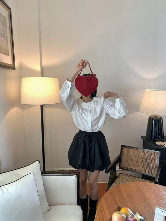 #3016 Chic Bubble Mini Skirt with Built-In Lining Shorts - Black