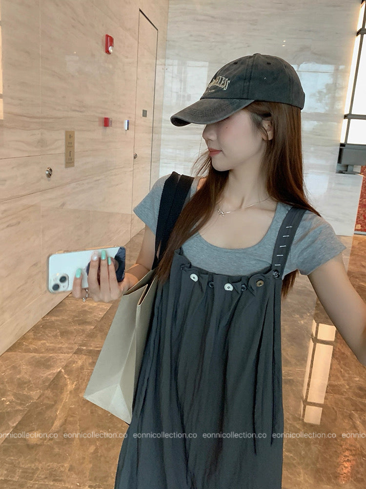 #2090 Harajuku Chic Straps Pinafore + Cropped Cotton Tee Set