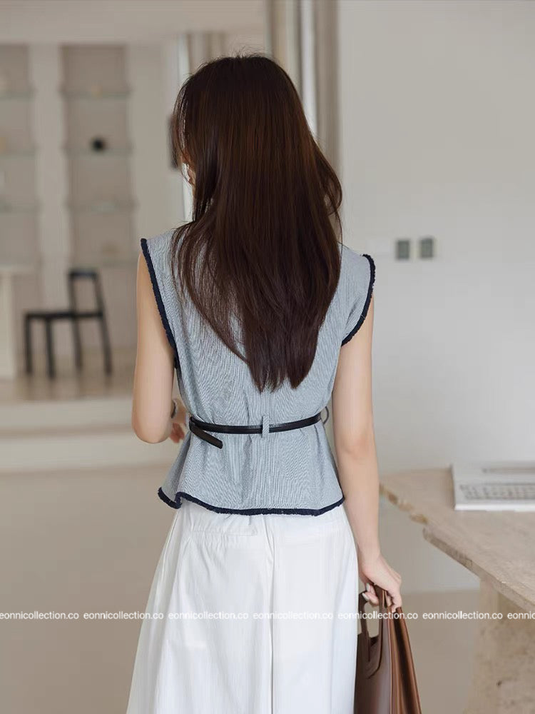 #1092 Chanel Colorblock Vest Raw Edging with Belt (2 Colors)