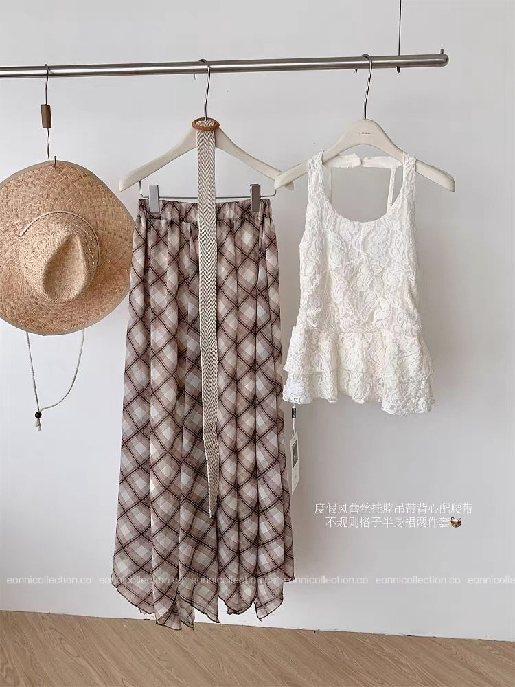 #2076 Lace Halter Camisole Set V Neck Top + Plaid Skirt with Belt