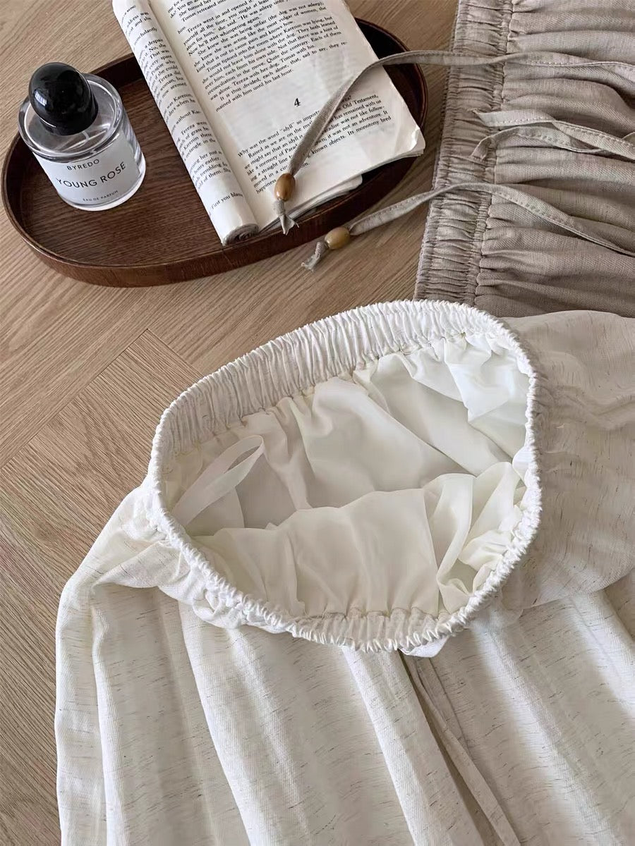 #3028  Organic Linen Skirt :Drawstring Waist - Beige