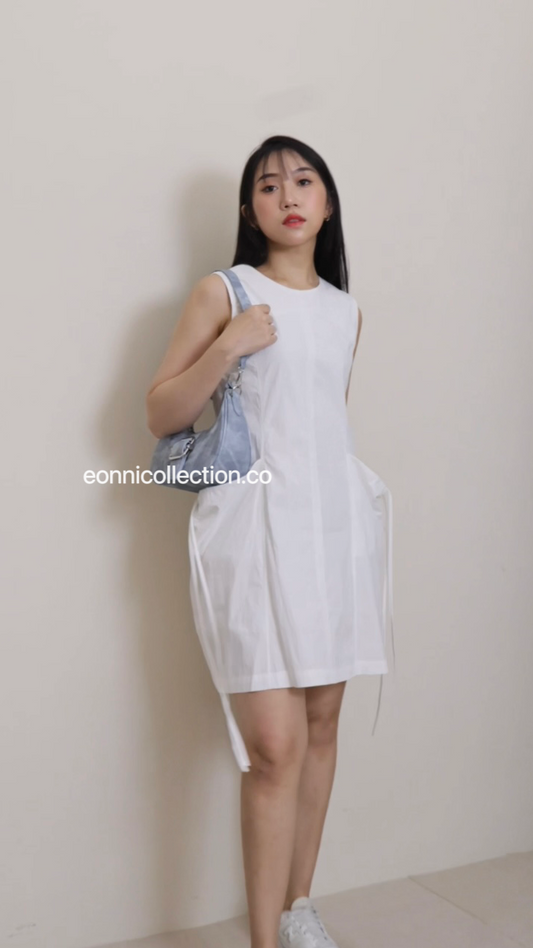 #2030 Korean Style Drawstring Pocket Tank Dress - White