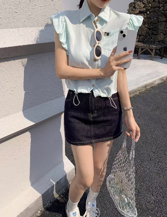 #1050 Embroidered Crop Top Puff Sleeve Drawstring Hem - Mint Green