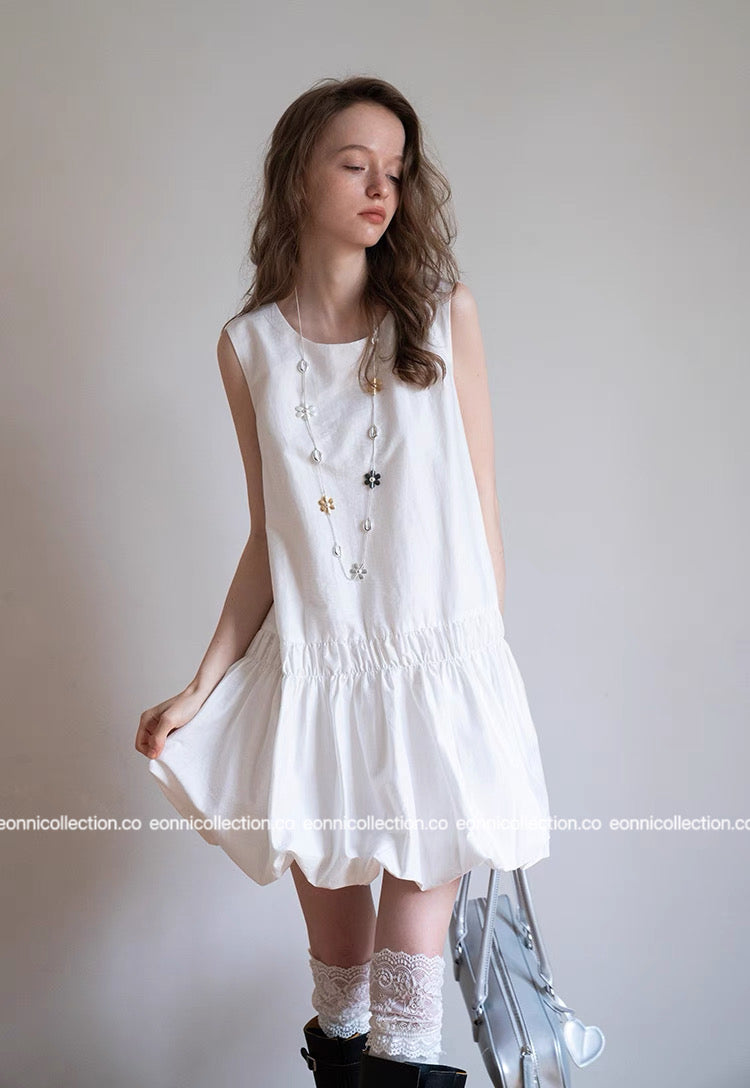 #2055 Casual Bloom Sundress & Matching Hair Tie Set - White