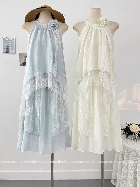 #2081 French Riviera Halterneck Resort Set with Corsage(2 Colors)