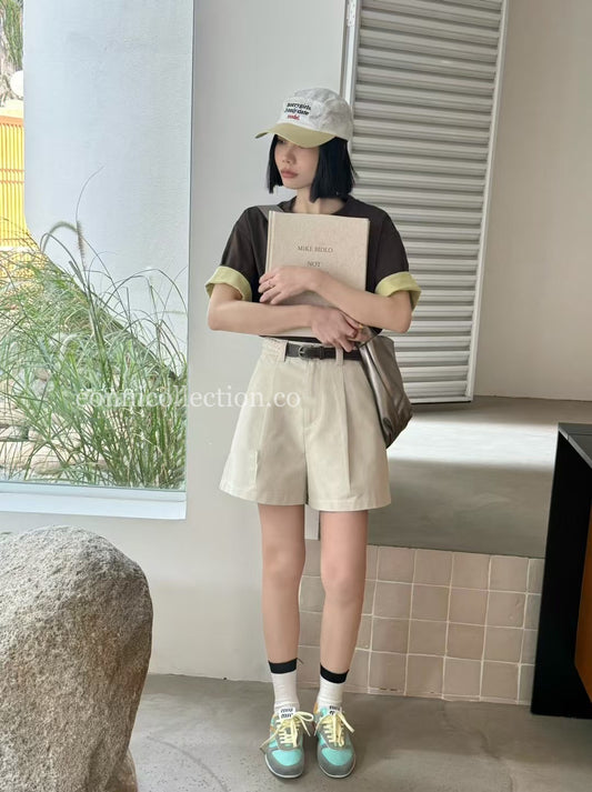 #3009 A Lined Shorts w/ Woven Waistband - Beige