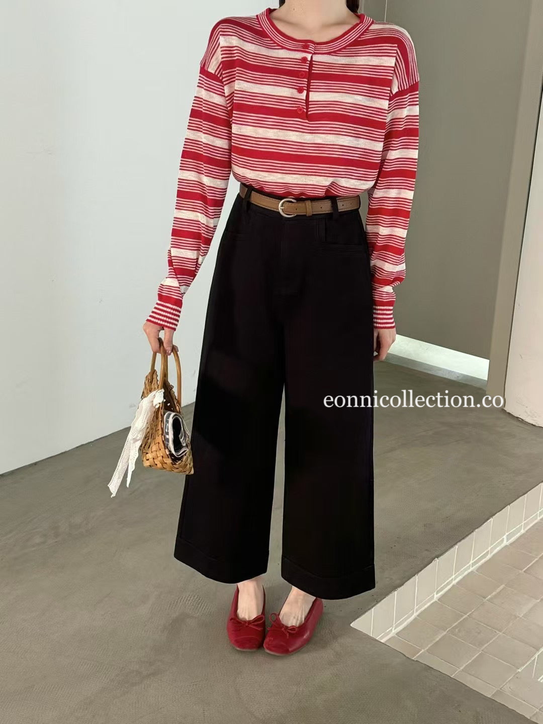 #3011 Korean Style High Waisted Washed Cotton Straight Leg Pants w/ Belt - Black