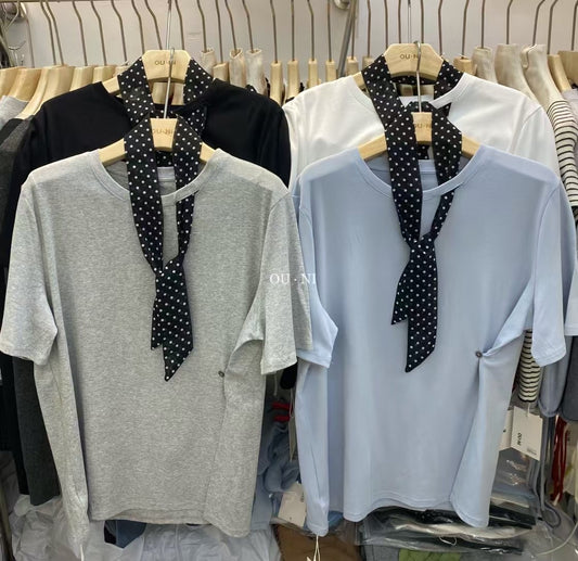 #1046 Loose Fit Crew Neck T-Shirt Vintage Dot & Scart Pattern - Grey