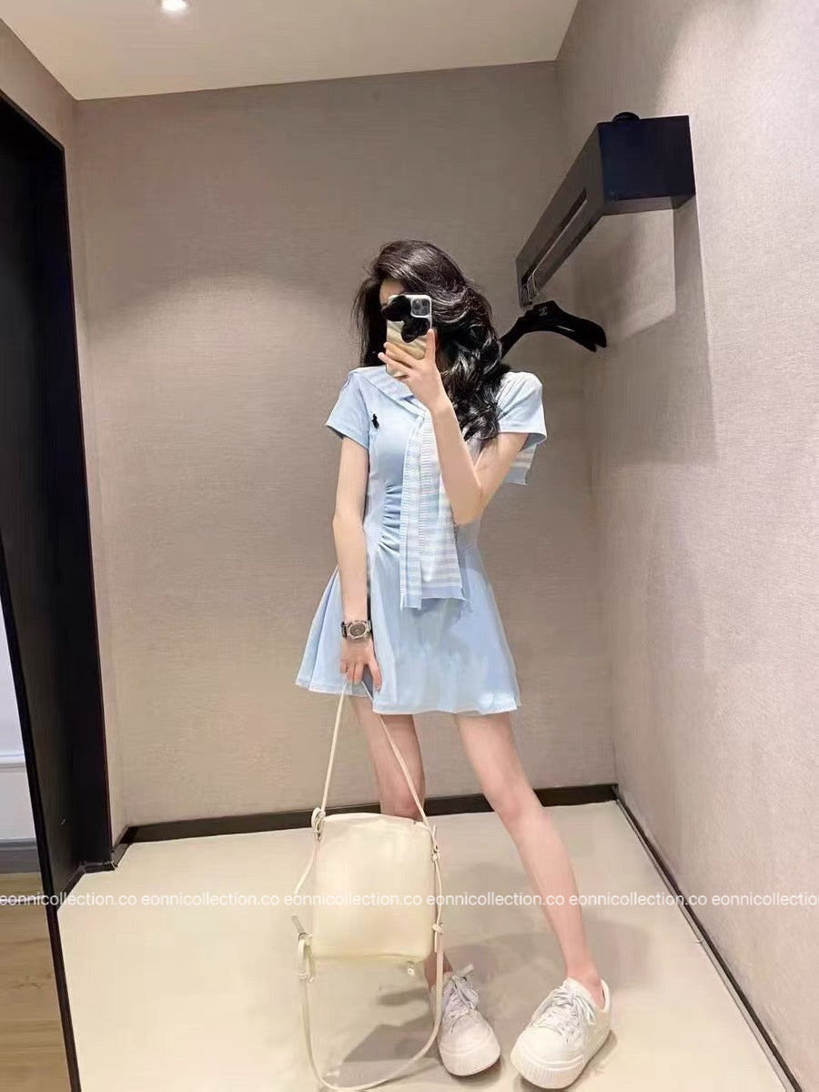#2105 Preppy Polo Dress 3-Piece Set with Brooch(3 Colors)