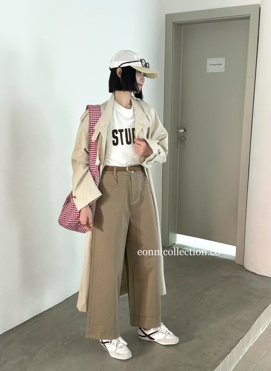 #3011 Korean Style High Waisted Washed Cotton Straight Leg Pants w/ Belt - Khaki