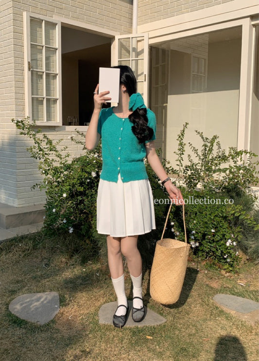 #1025 Korean-Style Lightweight Knit Sweater Short-Sleeve Top With Matching Hair Tie - Green