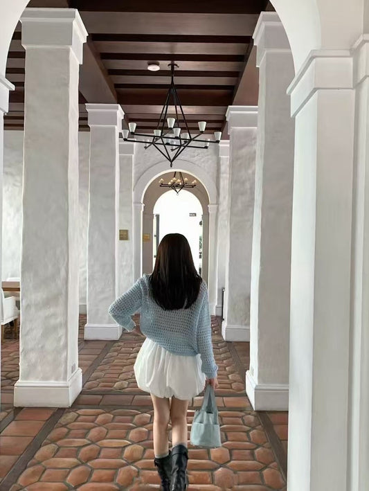 #3016 Chic Bubble Mini Skirt with Built-In Lining Shorts - White