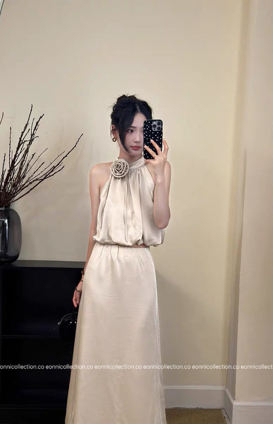 #1066 Couture Style 3D Floral Satin Halter Blouse Embossed Texture & Peplum Silhouette(3 Colors)