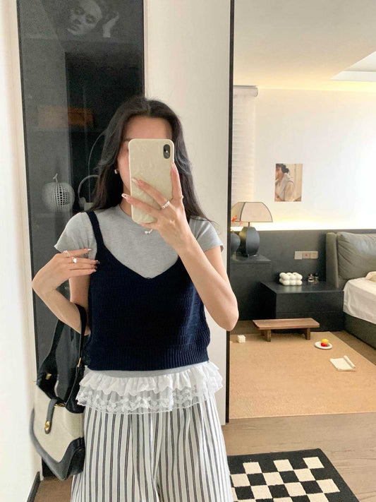 #1038 Layered Cut-Out Knit - Dark Blue