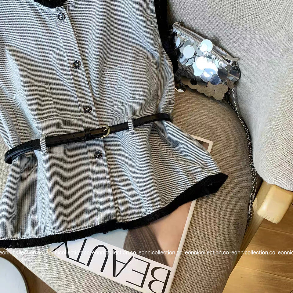 #1092 Chanel Colorblock Vest Raw Edging with Belt (2 Colors)