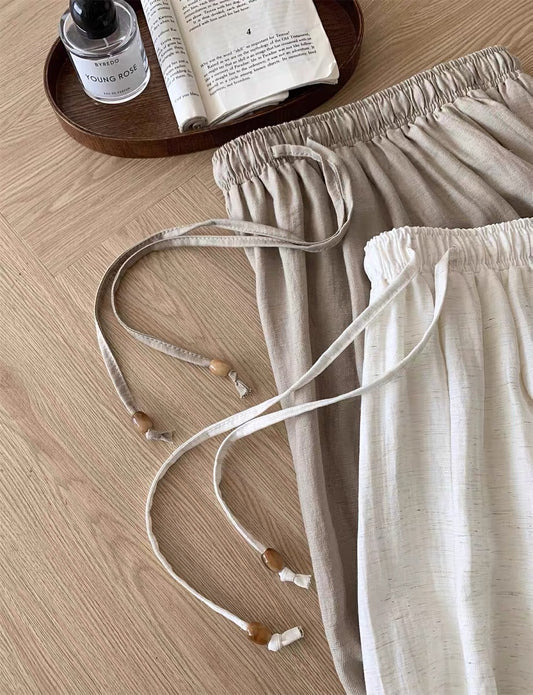 #3028  Organic Linen Skirt :Drawstring Waist - Beige