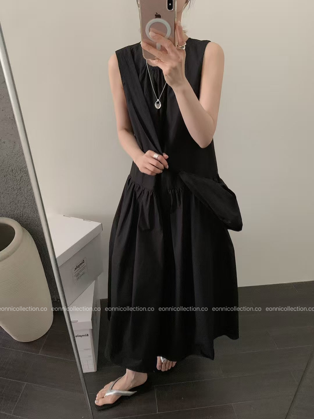 #2097 French Style Loose Fit Cotton Maxi Dress with Crossbody Hobo Bag(3 Colors)