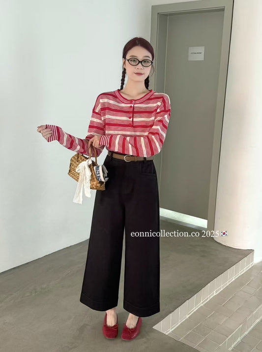 #3011 Korean Style High Waisted Washed Cotton Straight Leg Pants w/ Belt - Black