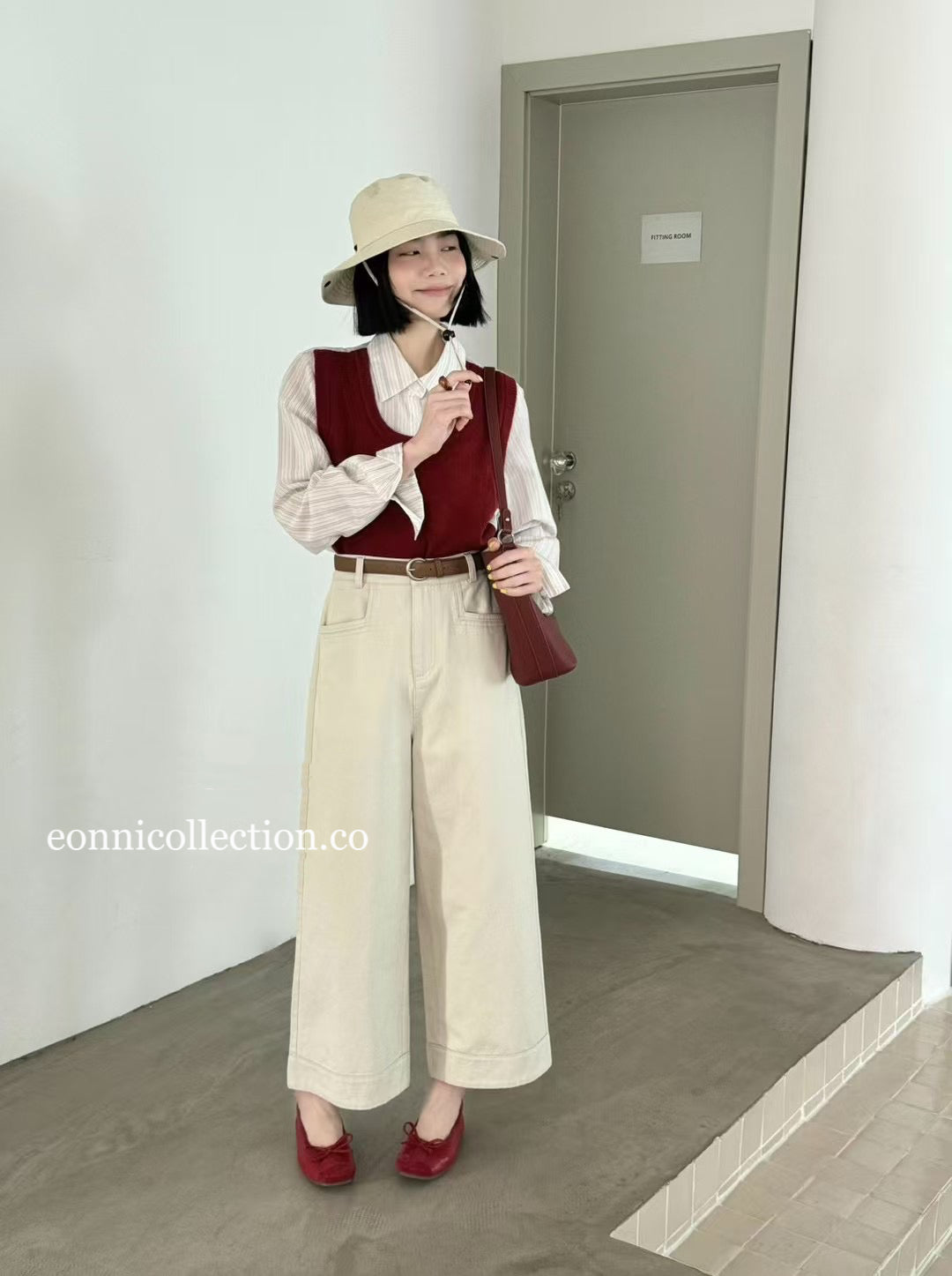 #3011 Korean Style High Waisted Washed Cotton Straight Leg Pants w/ Belt - Apricot Beige