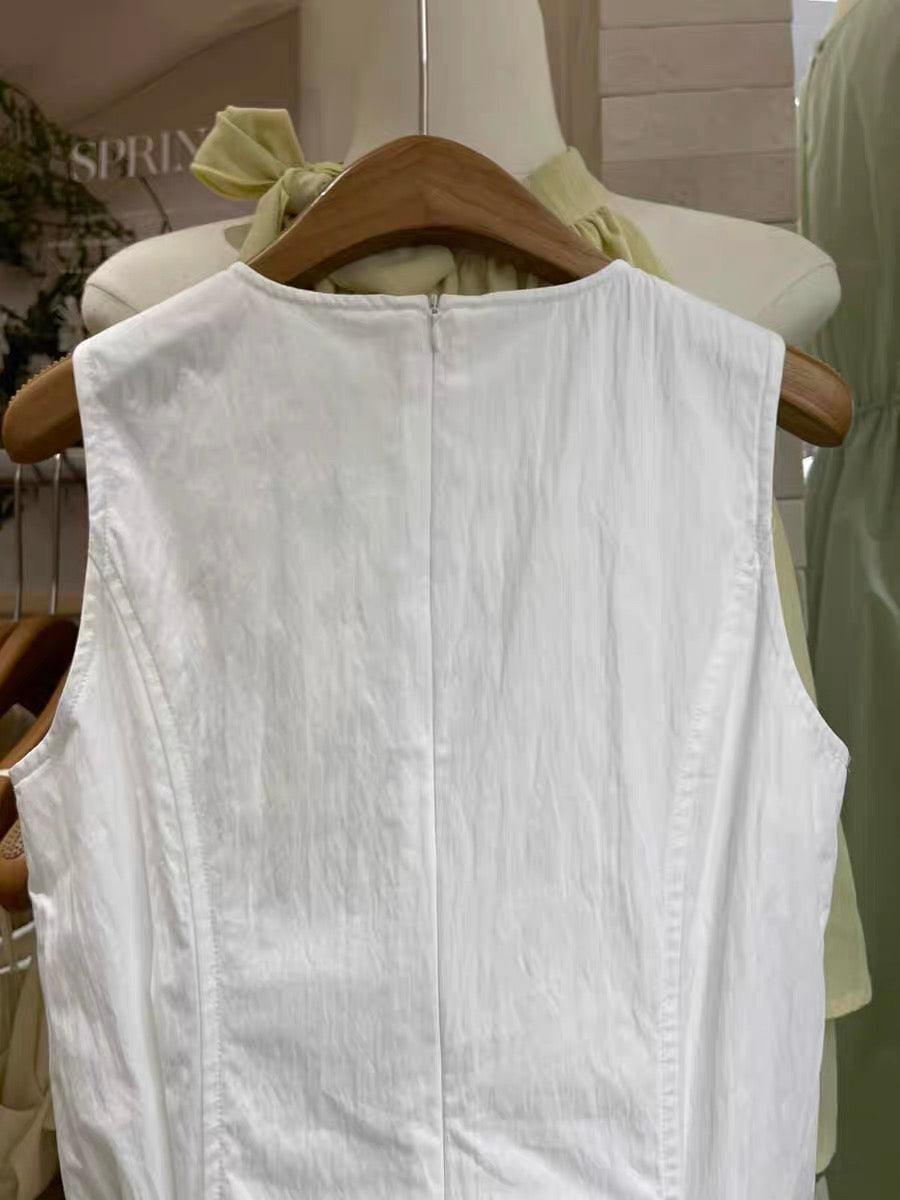 #2030 Korean Style Drawstring Pocket Tank Dress - White