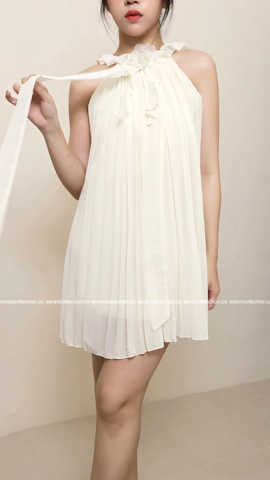 #2038 Draped Chiffon Gown Artistic 3D Floral Applique & Asymmetric Pleated Hem