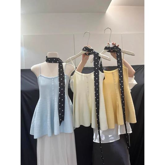 #1058 Icy Knit Camisole + Polka Dot Scarf - Blue