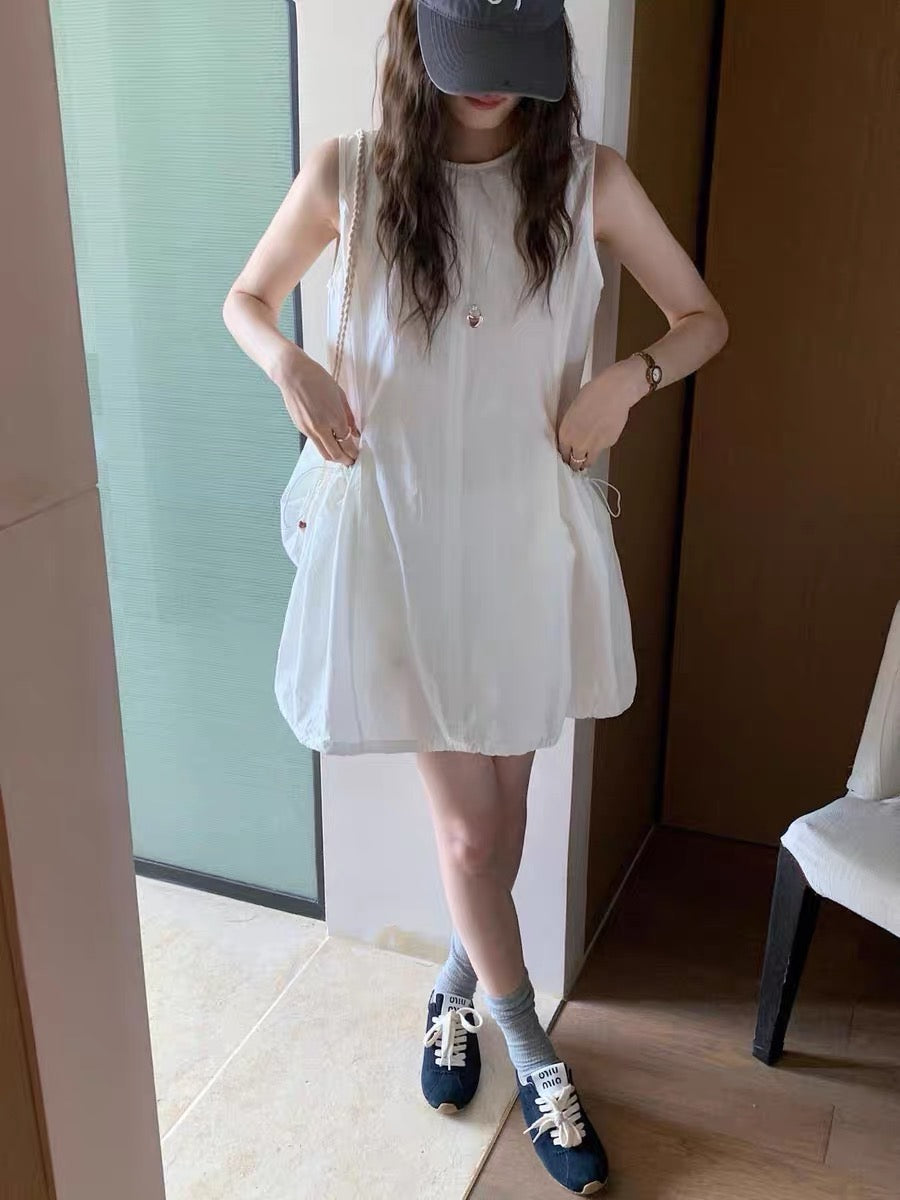 #2030 Korean Style Drawstring Pocket Tank Dress - White