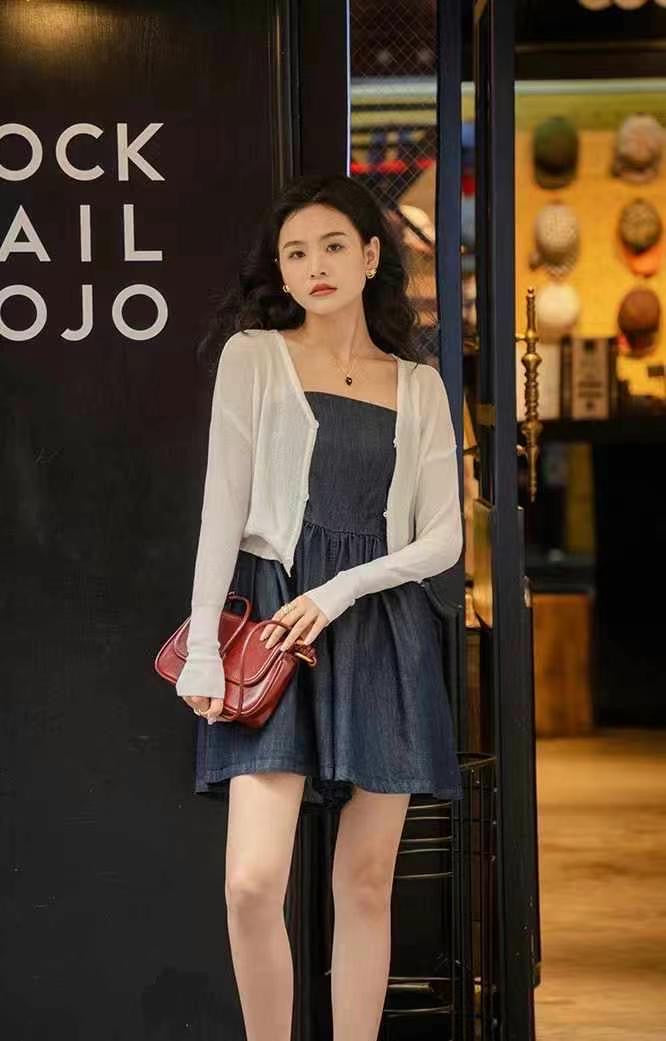 #2007 Soft Denim Cami Dress + Sheer Knit Cardigan | 2-Piece Korean Style Set(2 Colors)