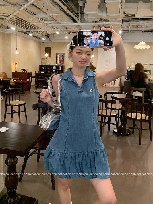 #2116 Korean Denim Bubble Hem Tank Dress