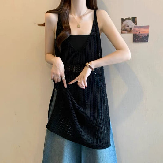 #1045 Knit Strappy Midi Slip Dress - Black