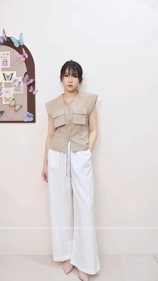 #1064 Tie Front Button Detail Flutter Sleeve Top - Khaki