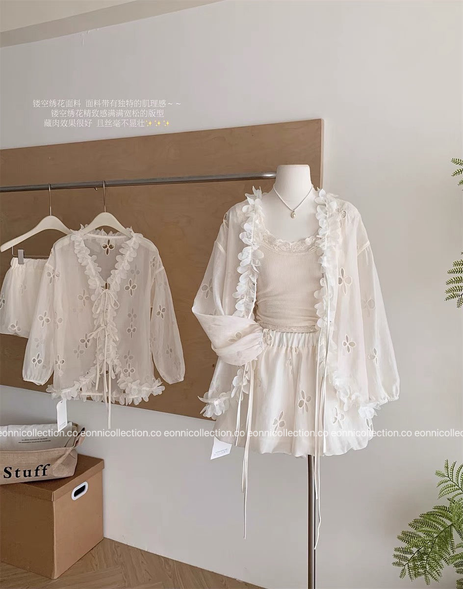 #2108 French Style Eyelet Cardigan Set – Elegant Two-Piece