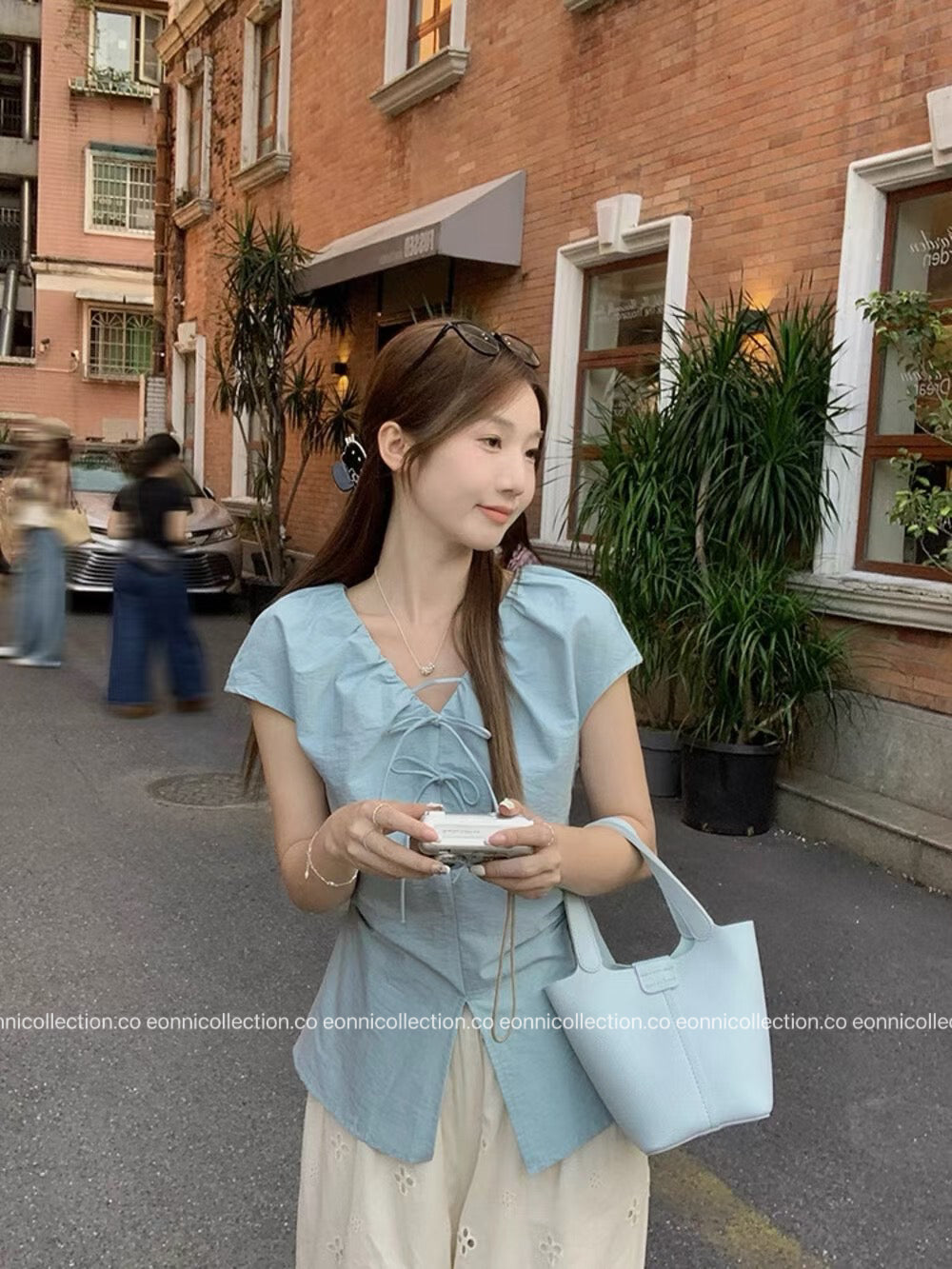 #1079 Crinkled V Neck Blouse Hand Pleated Neckline(4 Colors)