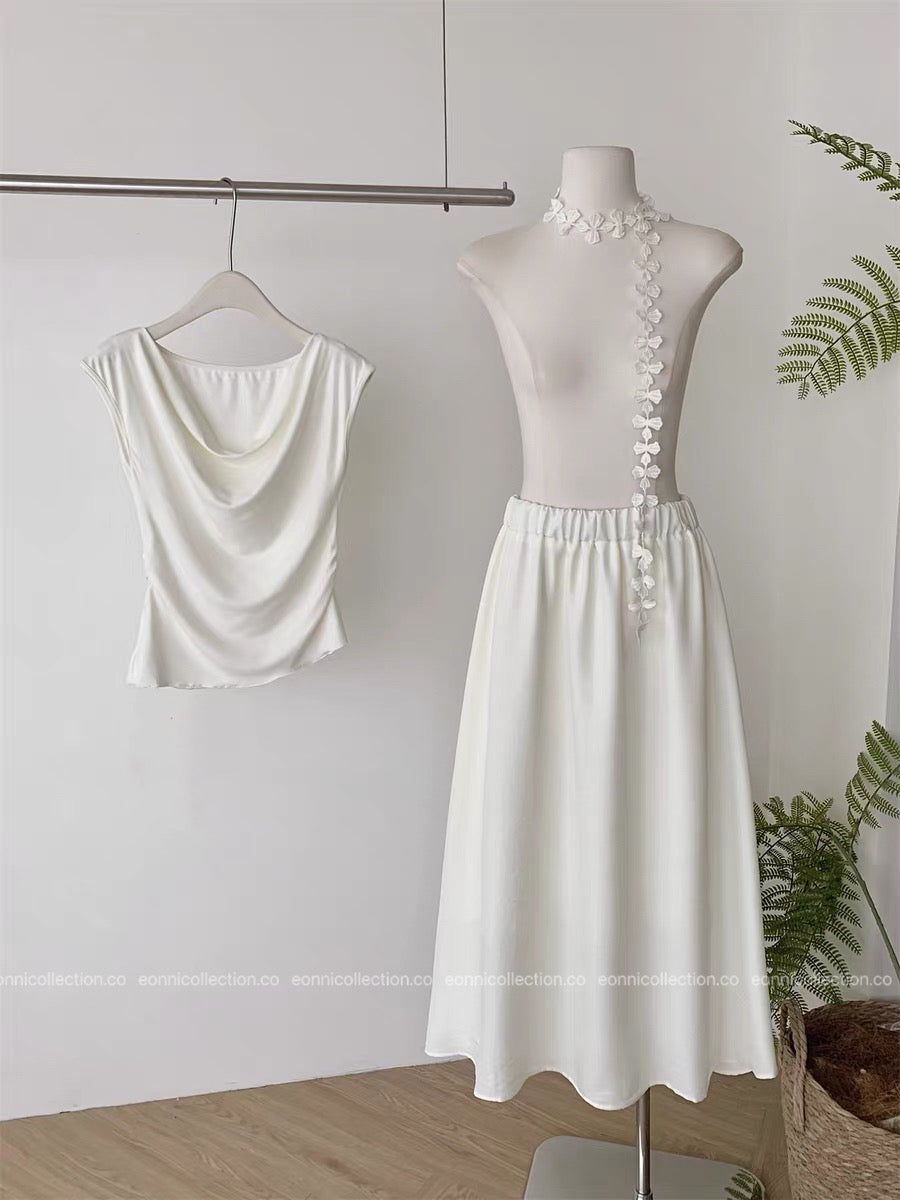 #2082 French Cowl Neck Top & Tiered Skirt Ensemble (2 Colors)