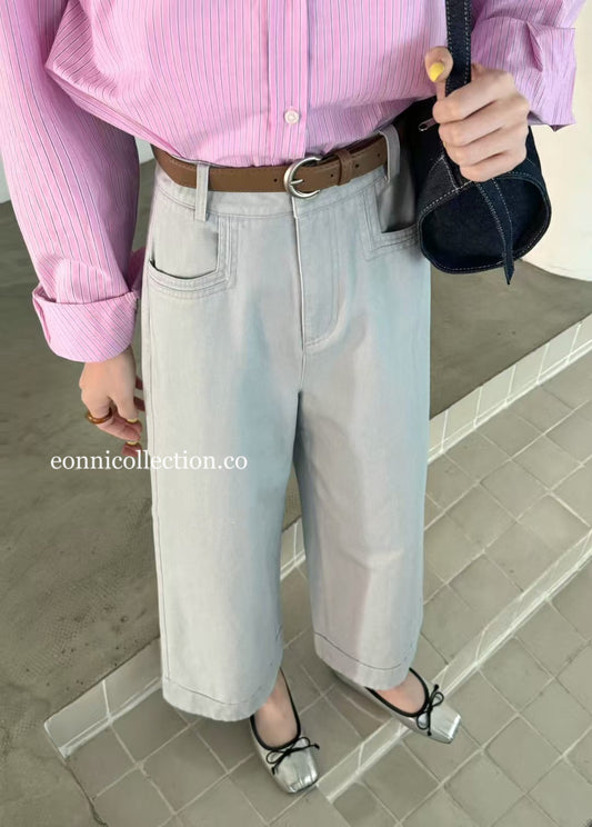 #3011 Korean Style High Waisted Washed Cotton Straight Leg Pants w/ Belt - Haze Blue