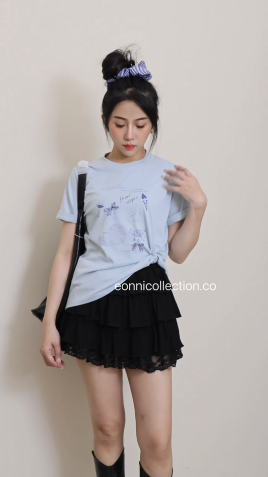 #1056 Ins Graphic Print Round Neck Oversized Tee + Hair Tie - Blue